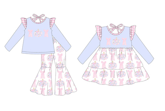 25.6.24 custom each style moq 5eta 4-6week Sibling Sisters bow pumpkin baby girl long sleeve pants sets and dress match family design