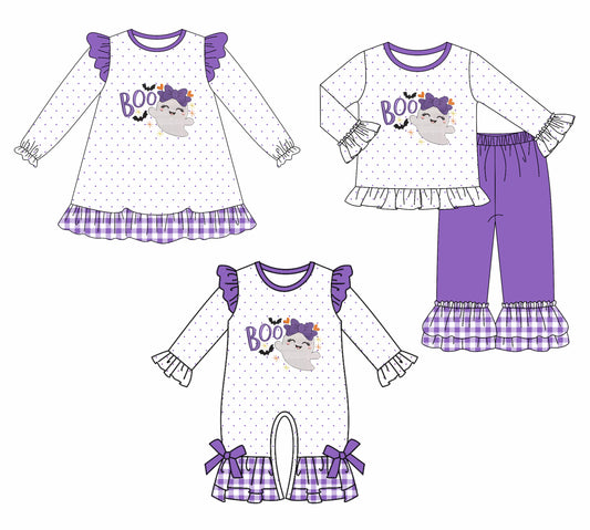 25.7.10 custom each style moq 5eta 4-6week Sibling Sisters BOO baby girl long sleeve pants sets and dress and rompers match family design