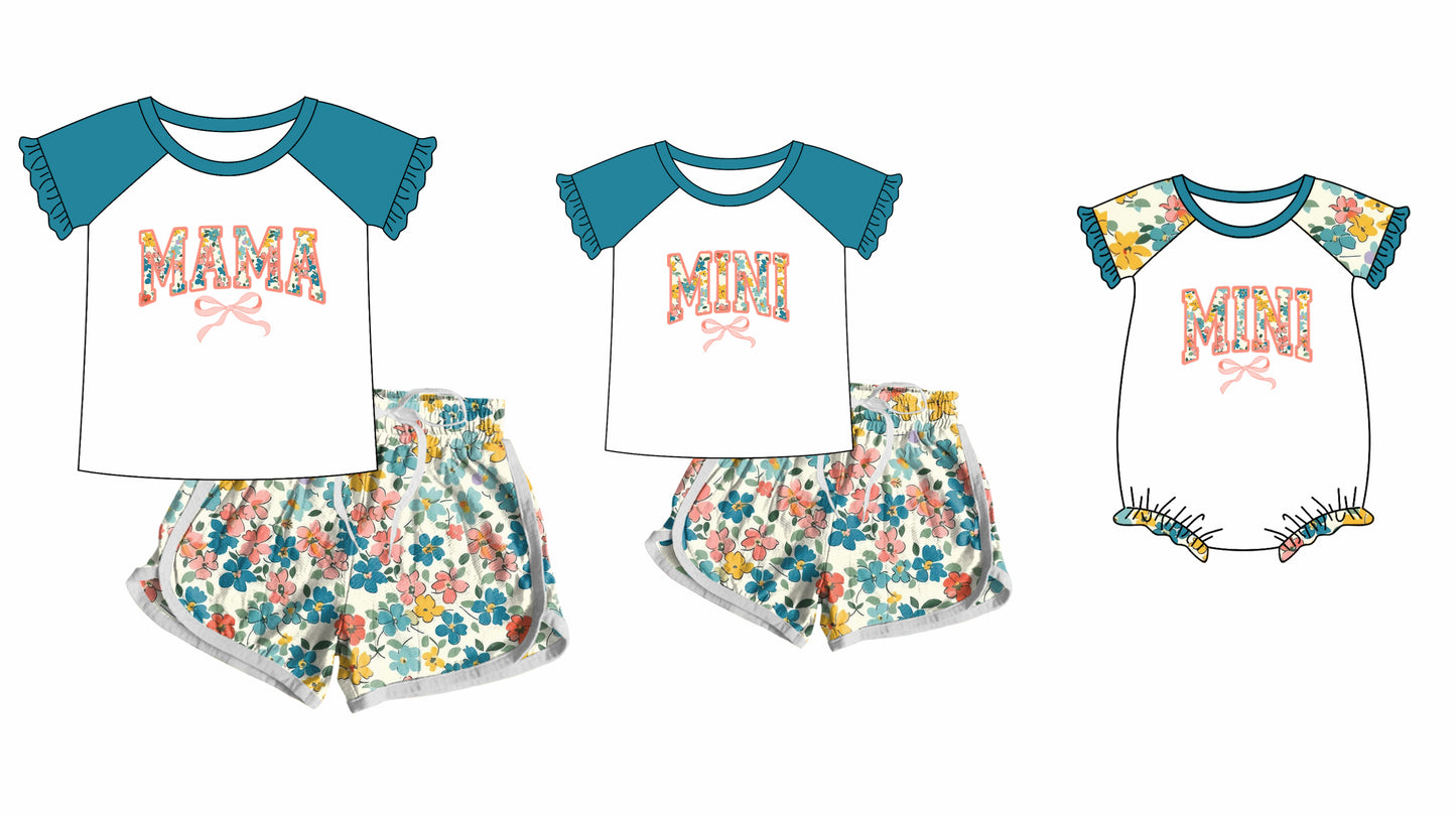12.10 custom each style moq 5eta 4-6week Sibling Sister Mini floral baby girls short sleeve shorts sets and adult sets and romper match design