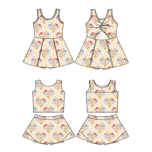 3.13 custom each style moq 5eta 4-6week Sibling Sister floral baby girls clothes Short sleeve yoga dress 1 and dress 2 match family design