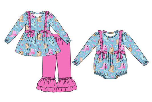 25.9.6 custom each style moq 5eta 4-6week Sibling Sisters dinosaur love baby girl clothes long sleeve pants sets and romper match family design
