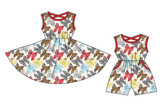 12.26 custom each style moq 5eta 4-6week Sibling Sister bow baby girl short sleeve shorts dress and jumpsuit match design