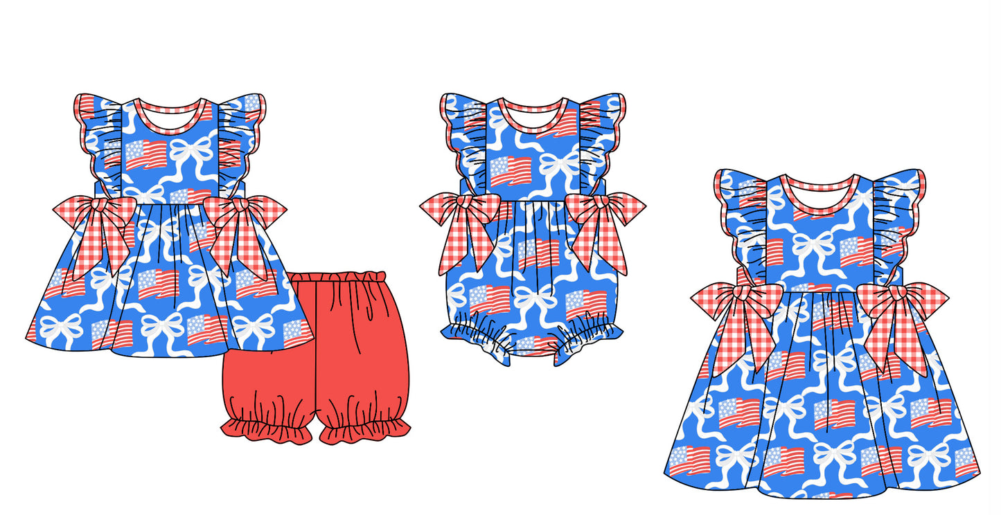 11.27 custom each style moq 5eta 4-6week Sibling Sister 4th of july bow baby girl short sleeve shorts sets and dress and rompers match family design