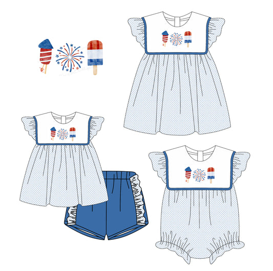 3.6 custom each style moq 5eta 4-6week Sibling Sisters firework baby girl short sleeve shorts sets and dress and rompers match family design