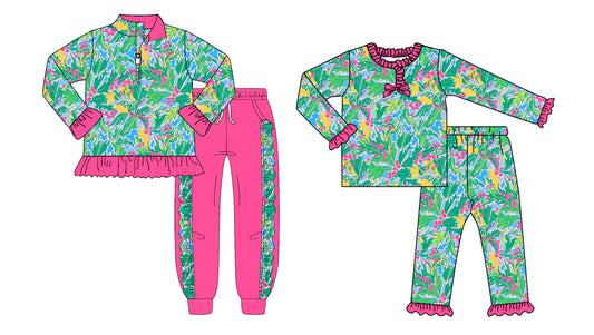 25.8.27 custom each style moq 5 eta 4-6week Sibling Sisters pattern baby girl long sleeve pants sets 2