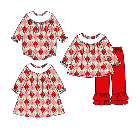 25.6.14 custom each style moq 5eta 4-6week Sibling Sisters Christmas red baby girl long sleeve pants sets and dress and rompers match family design
