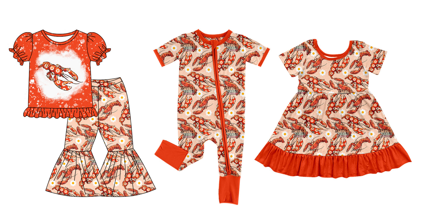 12.7 custom each style moq 5eta 4-6week Sibling Sister LOBSTER baby girl sets and dress and rompers match family design