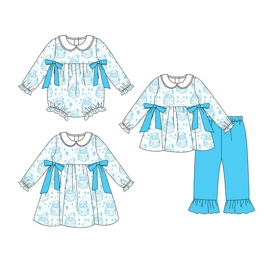 25.7.1 custom each style moq 5eta 4-6week Sibling Sisters Christmas blue baby girl long sleeve pants sets and dress and rompers match family design