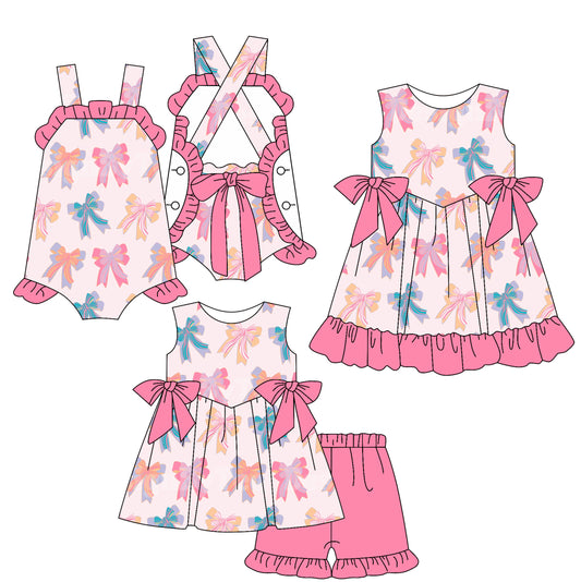 2.15 custom each style moq 5eta 4-6week Sibling Sisters bow baby girl short sleeve shorts sets and dress and rompers match family design