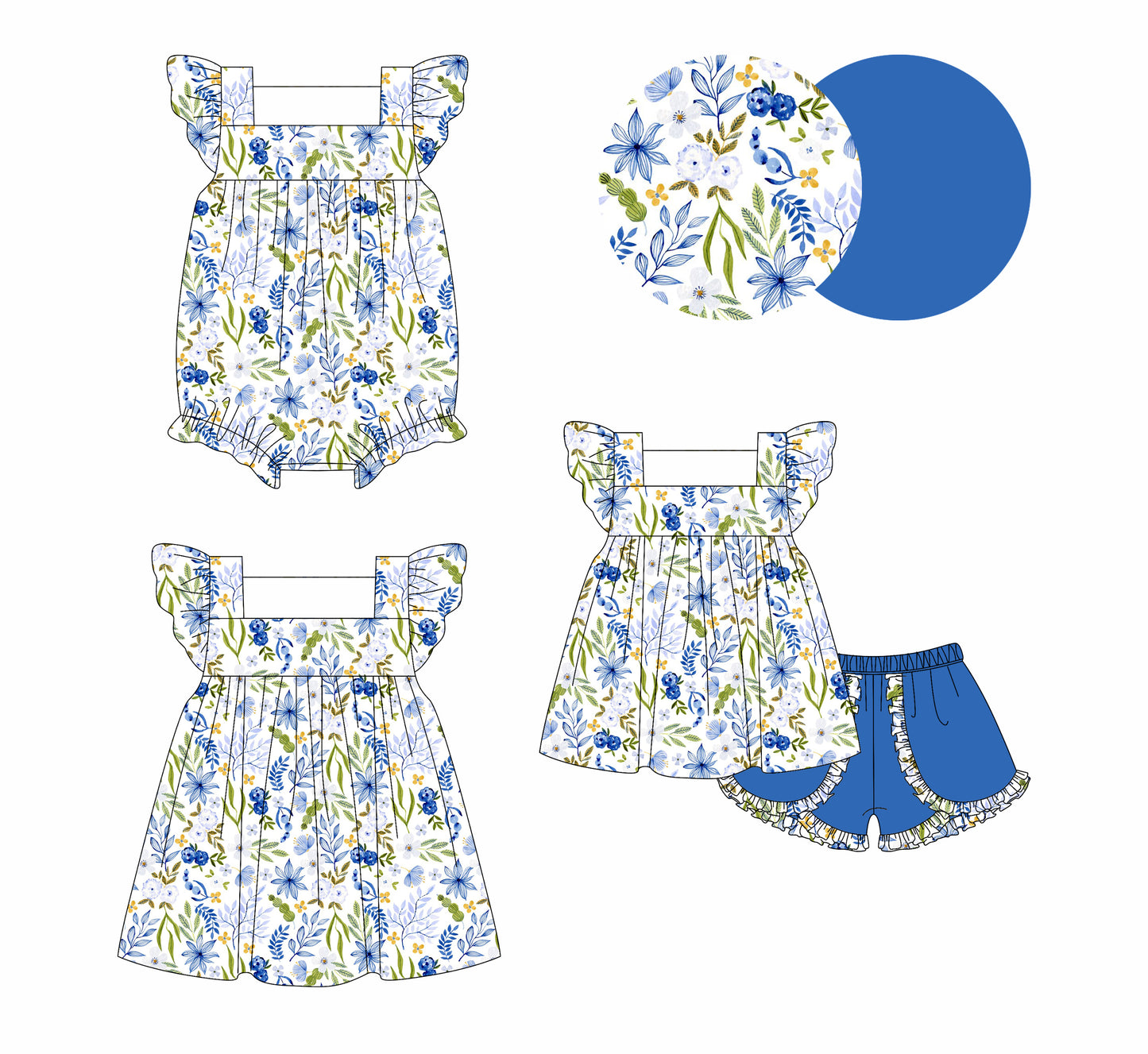 4.7 custom each style moq 5eta 4-6week Sibling Sisters floral baby girl short sleeve shorts sets and dress and rompers match family design