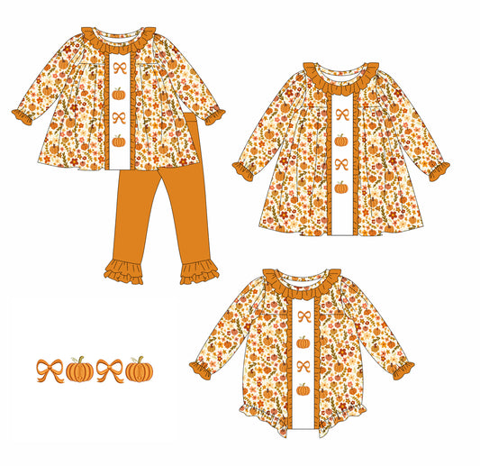 25.5.16 custom each style moq 5eta 4-6week Sibling Sisters pumpkin bow baby girl long sleeve pants sets and dress and rompers match family design
