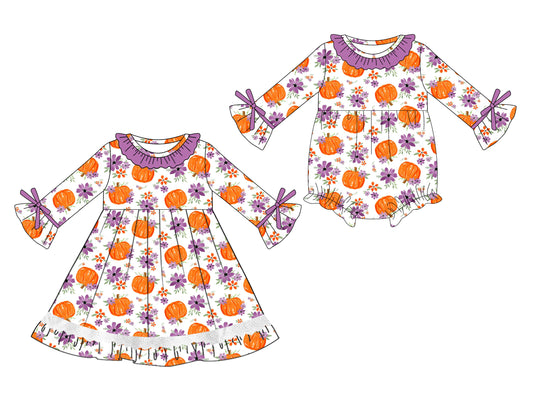 25.5.12 custom each style moq 5eta 4-6week Sibling Sisters pumpkin floral baby girl long sleeve dress and rompers match family design