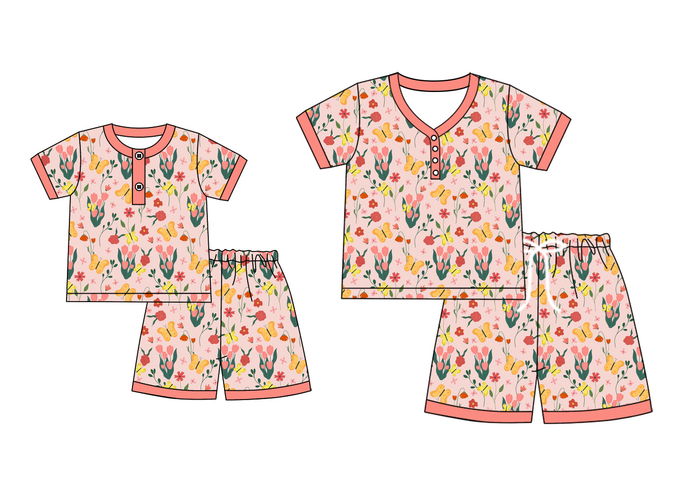 4.28 custom each style moq 5eta 4-6week Sibling Sister floral short sleeve shorts sets and adult sets match design