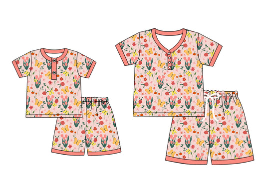 4.28 custom each style moq 5eta 4-6week Sibling Sister floral short sleeve shorts sets and adult sets match design