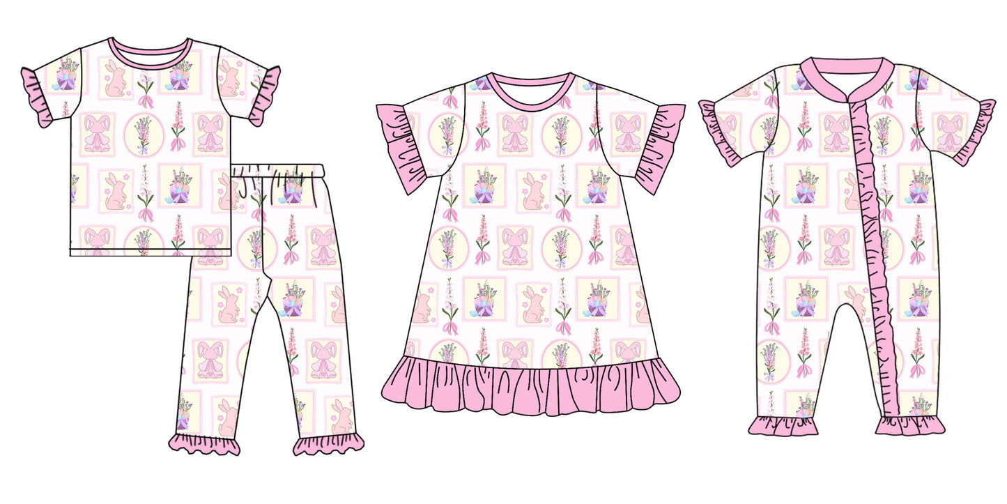 25.9.13 custom each style moq 5eta 6-8week Sibling Sisters bow rabbit baby girl short sleeve pants sets and dress and rompers match family design