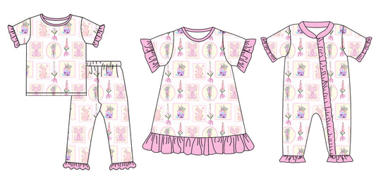 25.9.13 custom each style moq 5eta 6-8week Sibling Sisters bow rabbit baby girl short sleeve pants sets and dress and rompers match family design