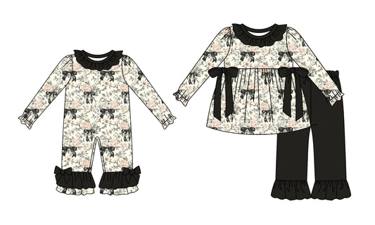 25.6.9 custom each style moq 5eta 4-6week Sibling Sisters floral bow baby girl long sleeve pants sets and rompers match family design