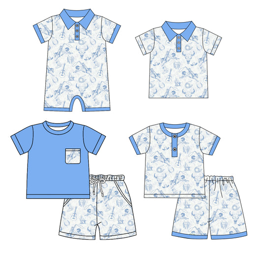 4.18 custom each style moq 5eta 4-6week Sibling Sister guitar baby boy sets 1 and sets 2 and boy rompers and top match family design