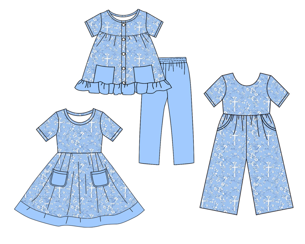 25.10.4 custom each style moq 8 eta 6-8week Sibling Sisters easter floral baby girl short sleeve shorts sets and dress and jumpsuit match family design