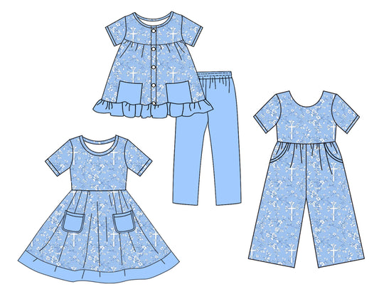 25.10.4 custom each style moq 8 eta 6-8week Sibling Sisters easter floral baby girl short sleeve shorts sets and dress and jumpsuit match family design