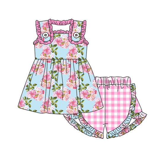 10.21 custom each style moq 5eta 4-6week Sibling Sister floral pink baby girls sleeveless shorts sets and rompers match design