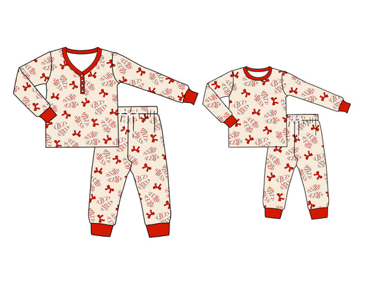 25.5.21 custom each style moq 5eta 4-6week Sibling Sister Christmas bow long sleeve pants sets and adult sets match design