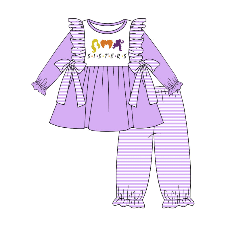 5.8custom each style moq 5eta 4-5week Sibling Sister SISTERS prints purple girls outfits and baby romper and dress match family design