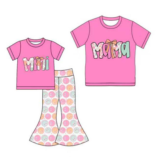 25.10.2 custom each style moq 5eta 4-6week Sibling Sister MAMA MINI bow baby short sleeve pants sets and adult top match design