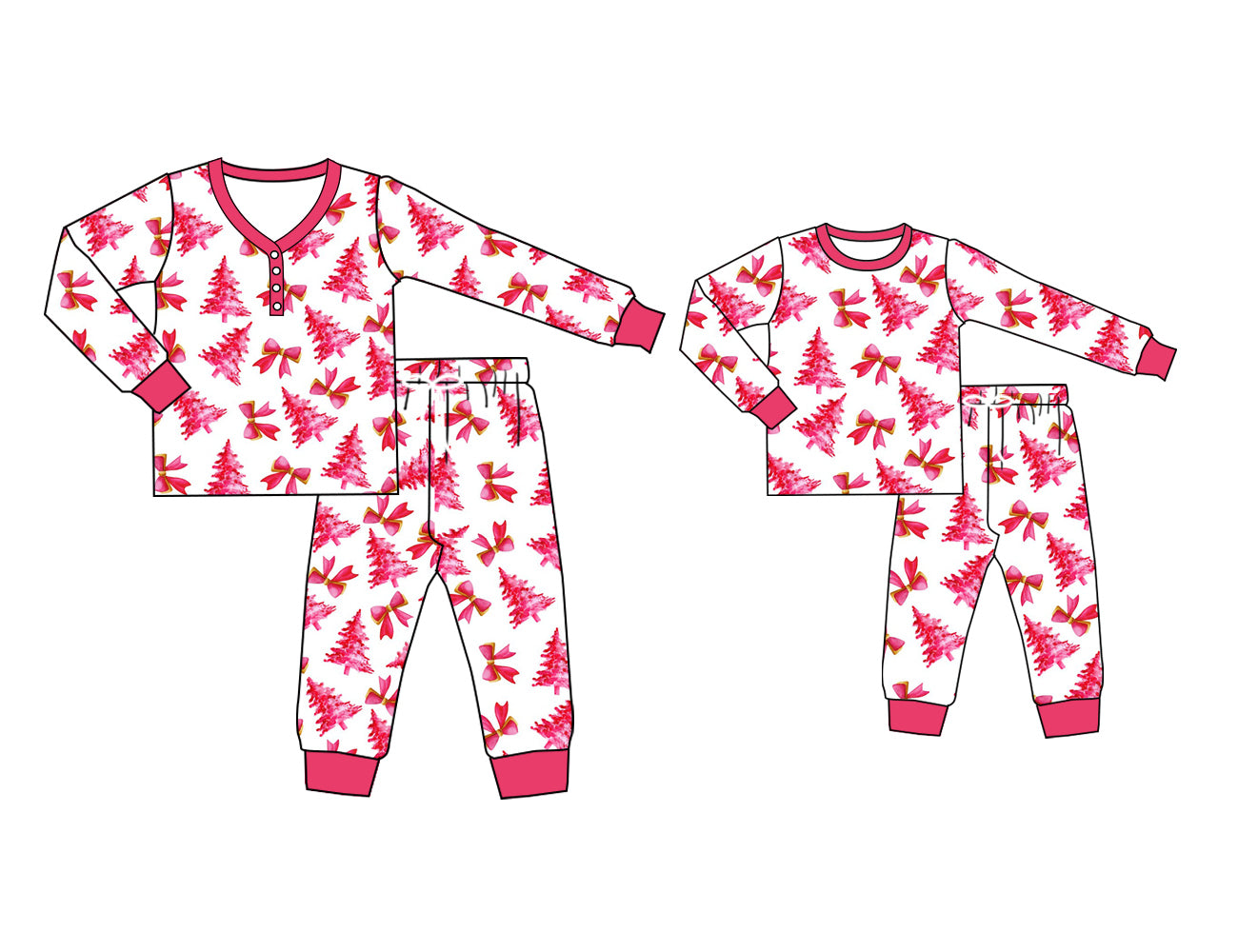 25.5.26 custom each style moq 5eta 4-6week Sibling Sister Christmas bow trees long sleeve pants sets and adult sets match design