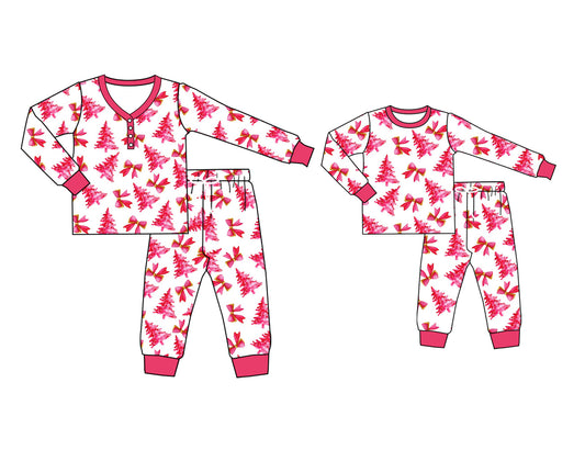 25.5.26 custom each style moq 5eta 4-6week Sibling Sister Christmas bow trees long sleeve pants sets and adult sets match design