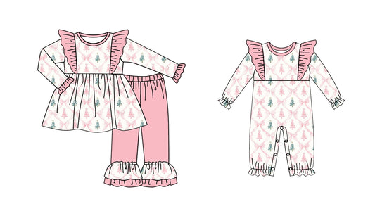 25.5.20 custom each style moq 5eta 4-6week Sibling Sisters Christmas trees bow baby girl long sleeve pants sets and rompers match family design
