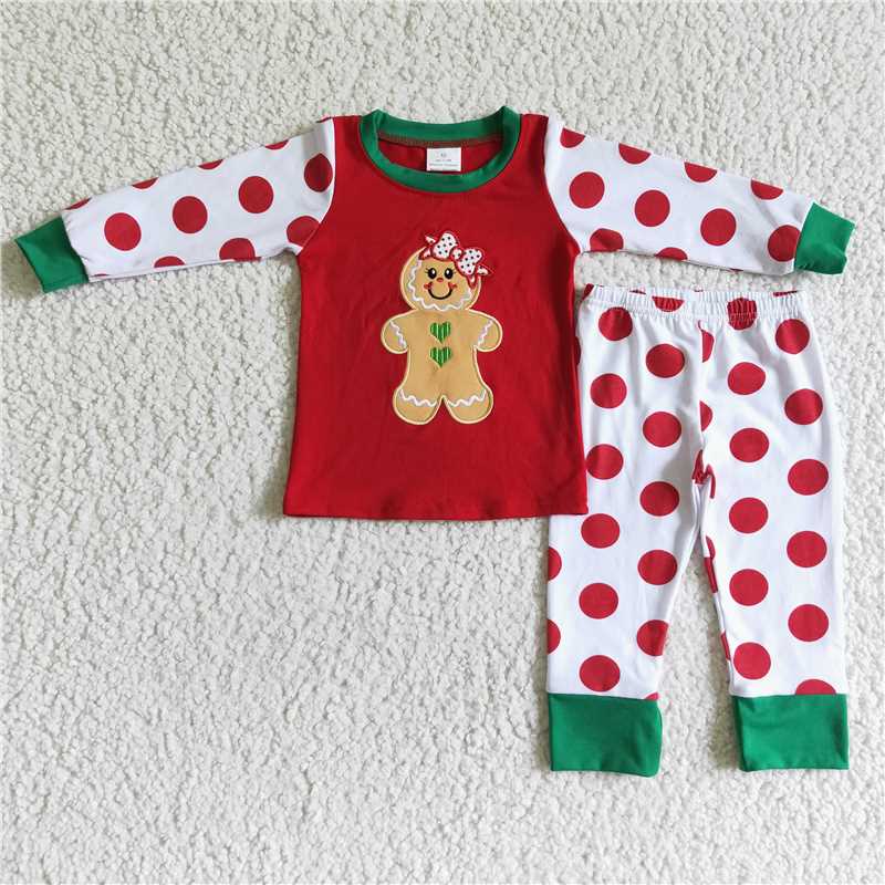 Baby Girls boys Christmas style ginger cookie print with red stripes and red polka dots Family siblings set
