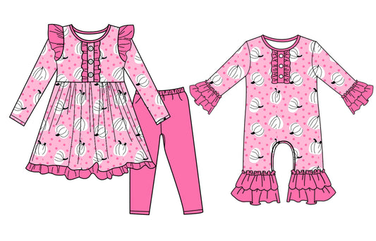 25.6.26 custom each style moq 5eta 4-6week Sibling Sisters pumpkin pink baby girl long sleeve pants sets and rompers match family design
