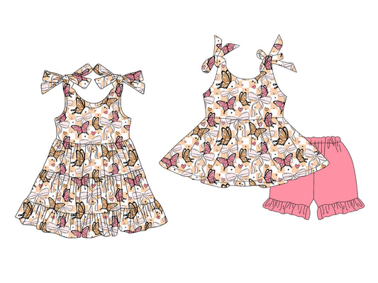 4.8 custom each style moq 5eta 4-6week Sibling Sister butterfly baby girl short sleeve shorts sets and dresses match design