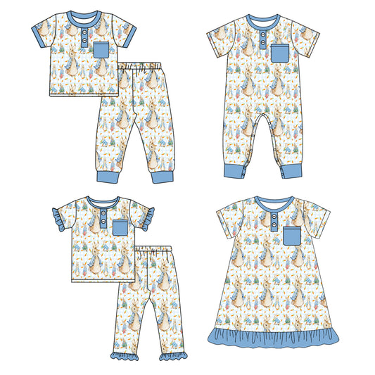 25.9.25 custom each style moq 8 eta 6-8week Sibling Sister easter baby short sleeve pants sets 2 and romper and dress match design