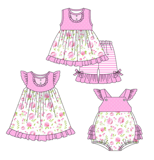 2.18 custom each style moq 5eta 4-6week Sibling Sisters floral baby girl short sleeve shorts sets and dress and rompers match family design