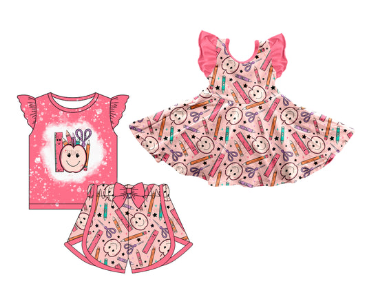 11.30 custom each style moq 5eta 4-6week Sibling Sister school pencil pink baby girl short sleeve shorts sets and dresses match design