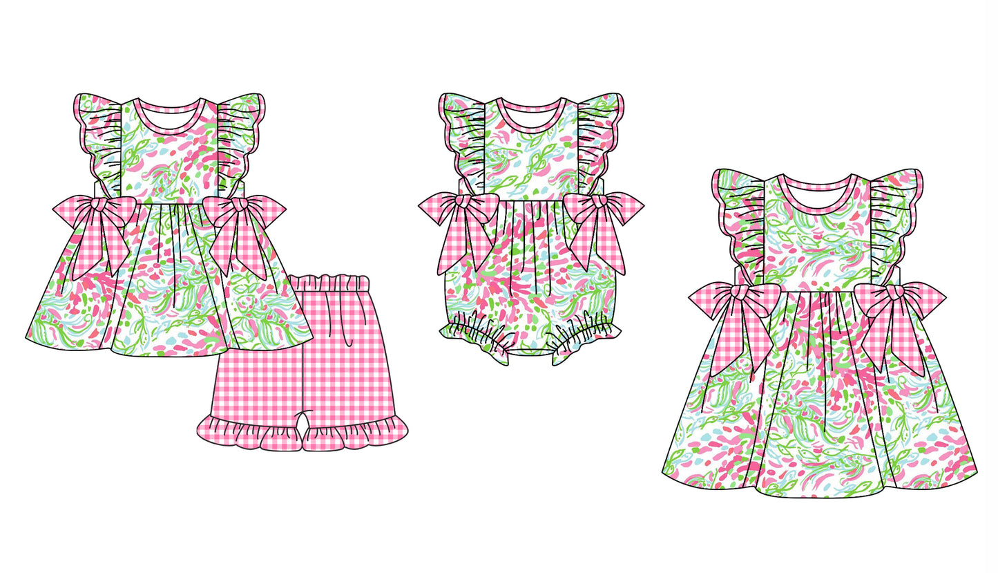 12.2 custom each style moq 5eta 4-6week Sibling Sister baby girl short sleeve shorts sets and dress and rompers match family design