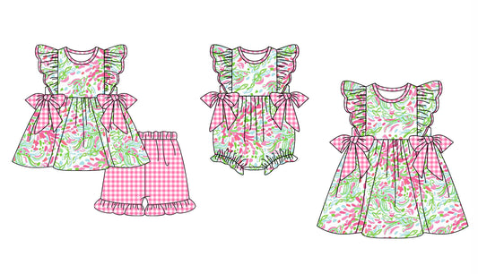 12.2 custom each style moq 5eta 4-6week Sibling Sister baby girl short sleeve shorts sets and dress and rompers match family design