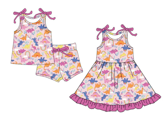 4.10 custom each style moq 5eta 4-6week Sibling Sister dinosaur rainbow baby girl short sleeve shorts sets and dresses match design