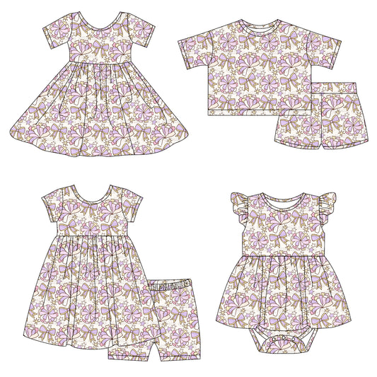 4.14 custom each style moq 5eta 4-6week Sibling Sisters bow floral baby girl short sleeve shorts sets 1 and sets 2 and dress and rompers match family design