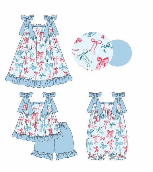 2.11 custom each style moq 5eta 4-6week Sibling Sisters bow baby girl short sleeve shorts sets and dress and rompers match family design