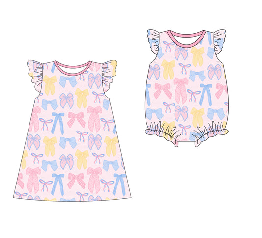 3.10 custom each style moq 5eta 4-6week Sibling Sister bow baby girl short sleeve dress and rompers match family design
