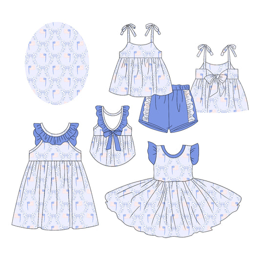 2.17 custom each style moq 5eta 4-6week Sibling Sister bow flag baby girl short sleeve shorts sets and dress and dress 2 match design