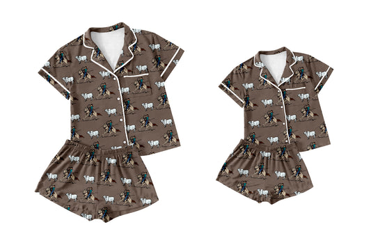12.16 custom each style moq 5eta 4-6week Sibling Sister riding horse baby boys short sleeve shorts sets and adult sets match design