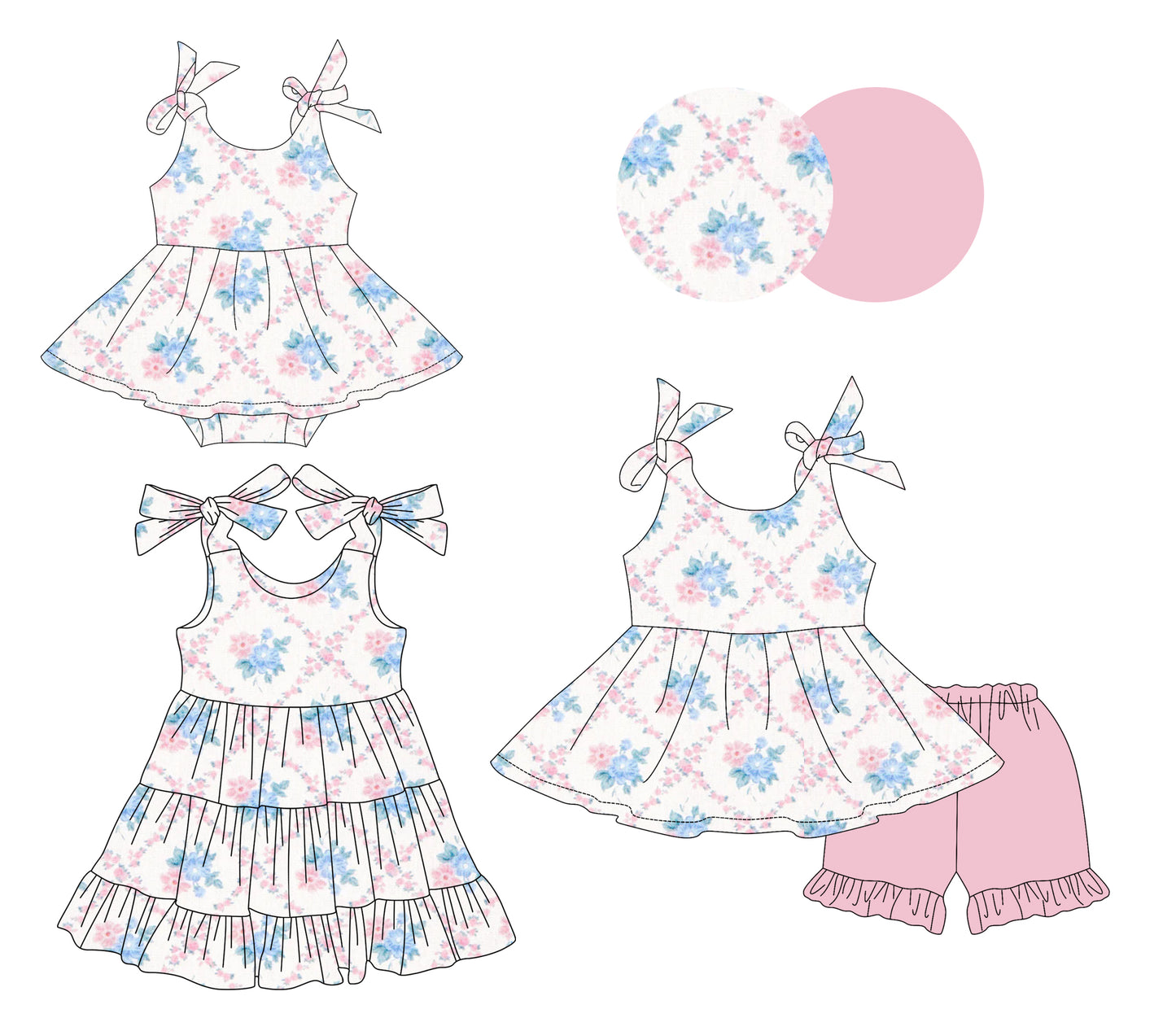 3.14 custom each style moq 5eta 4-6week Sibling Sisters bow floral baby girl short sleeve shorts sets and dress and rompers match family design