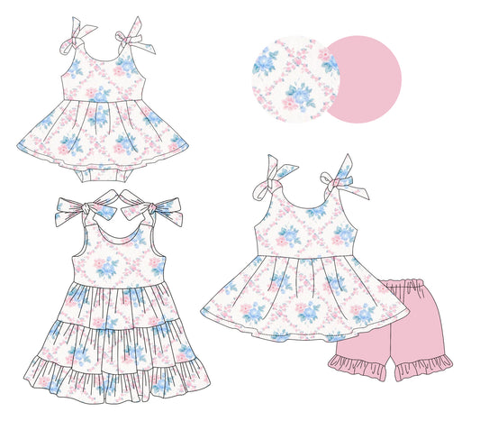 3.14 custom each style moq 5eta 4-6week Sibling Sisters bow floral baby girl short sleeve shorts sets and dress and rompers match family design