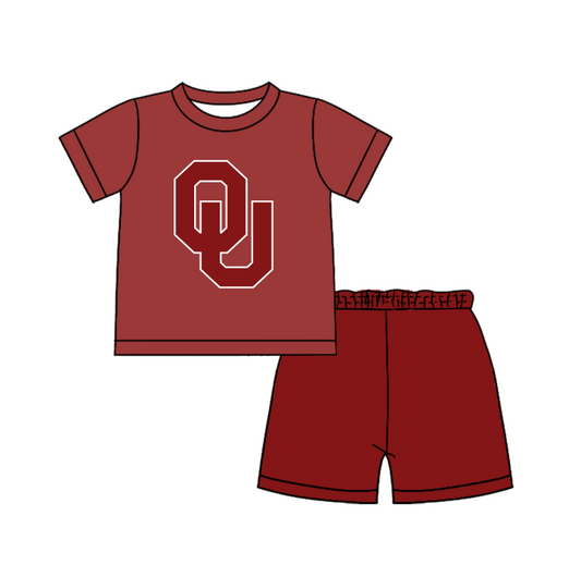 Custom moq 5 mix size milk silk summer teams Baby Boy's Red  Short-Sleeved O-Neck Top And solid color Shorts Set