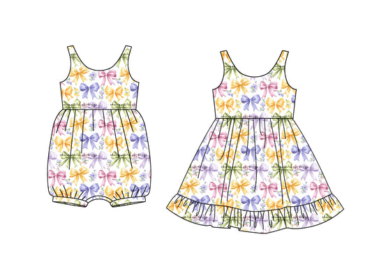 3.28 custom each style moq 5eta 4-6week Sibling Sisters bow baby girl short sleeve dress and rompers match family design