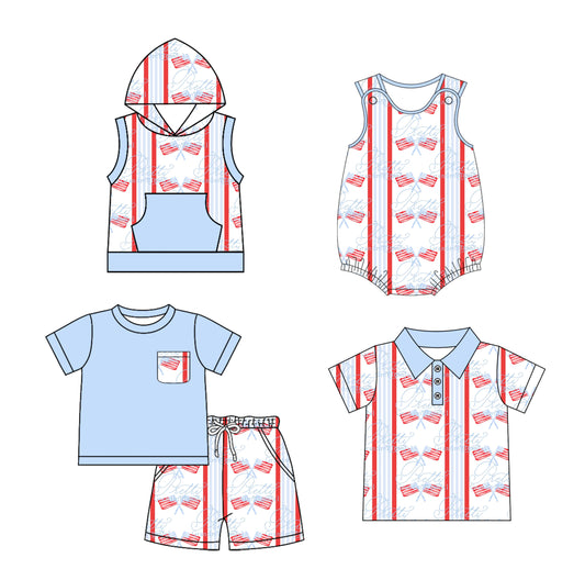 2.28 custom each style moq 5eta 4-6week Sibling Sister bow flag baby girl sets and boy rompers 1 and romper 2 and top match family design